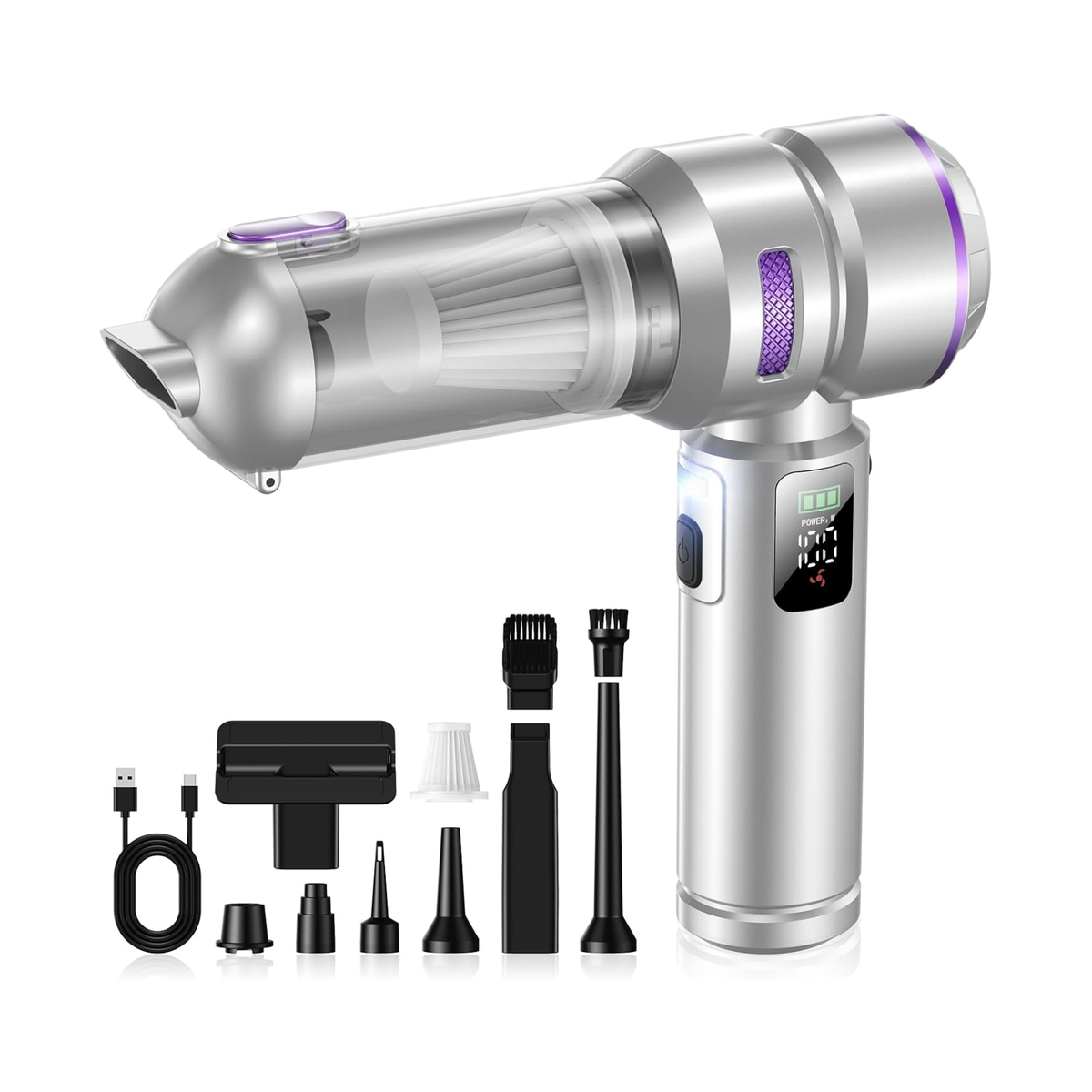 Aspiradora portátil inalámbrica 4 en 1 para coche, 28 000 Pa, 100 W, 3 niveles de potencia, pantalla LCD y batería de 6000 mAh