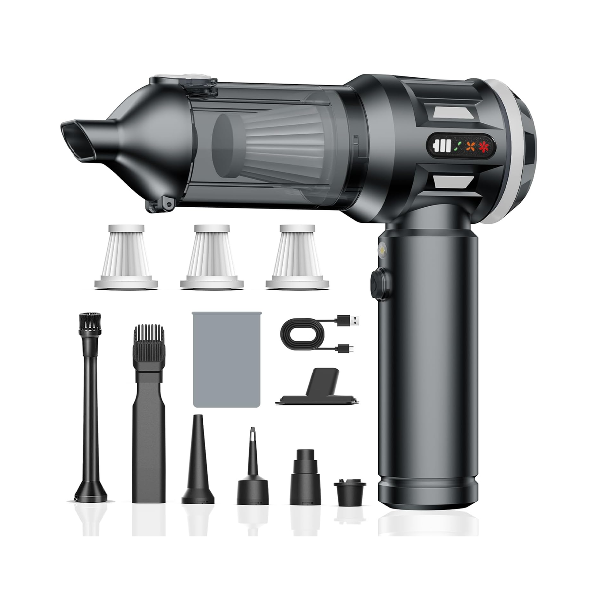 Aspirador portátil sem fios 4 em 1, 22 000 Pa, 3 níveis de sucção, motor sem escovas, USB-C, para automóvel, casa, escritório e pelos de animais – Cinzento