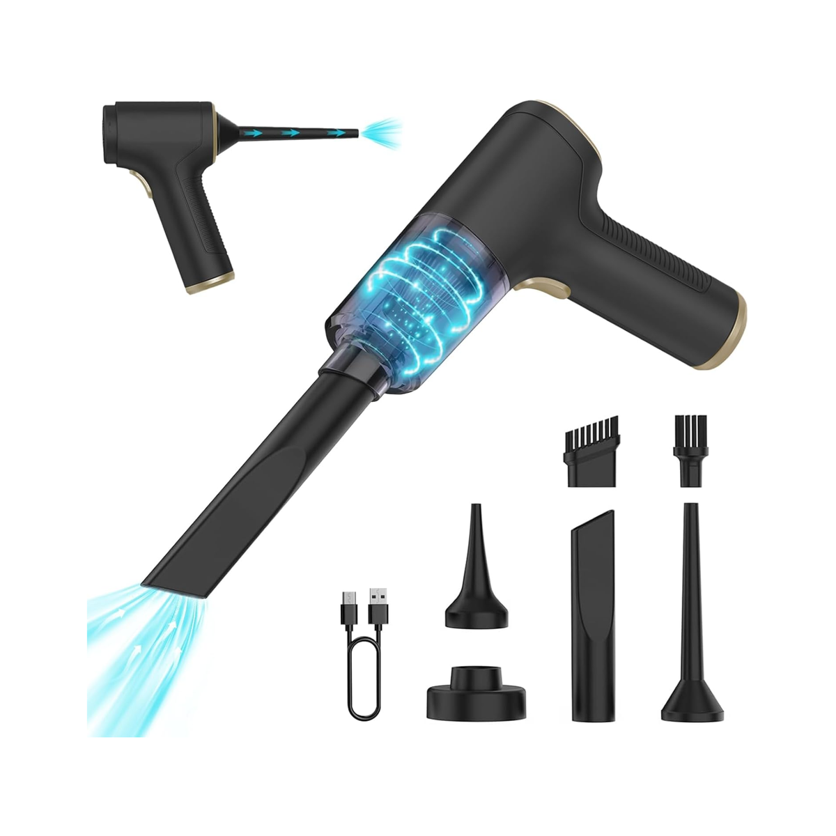 Mini aspiradora portátil inalámbrica para coche, 6500 Pa, motor de 100 W, filtro HEPA lavable y carga USB-C – Negro