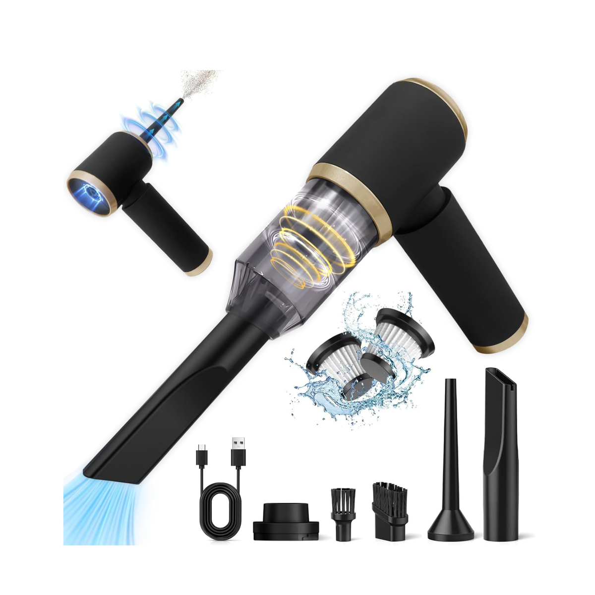 Aspiradora portátil inalámbrica para coche, 12 000 Pa, motor sin escobillas de 90 W, 2 niveles, función de soplado, filtro HEPA lavable y carga Type-C – Negro
