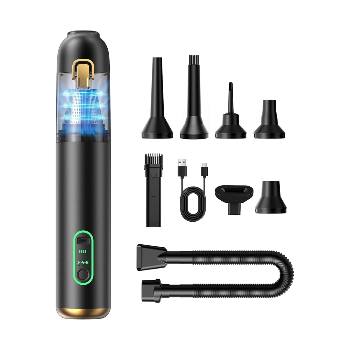 Aspiradora de mano portátil inalámbrica 4 en 1, 20 000 Pa, 3 niveles de potencia, carga rápida USB-C – Dorada