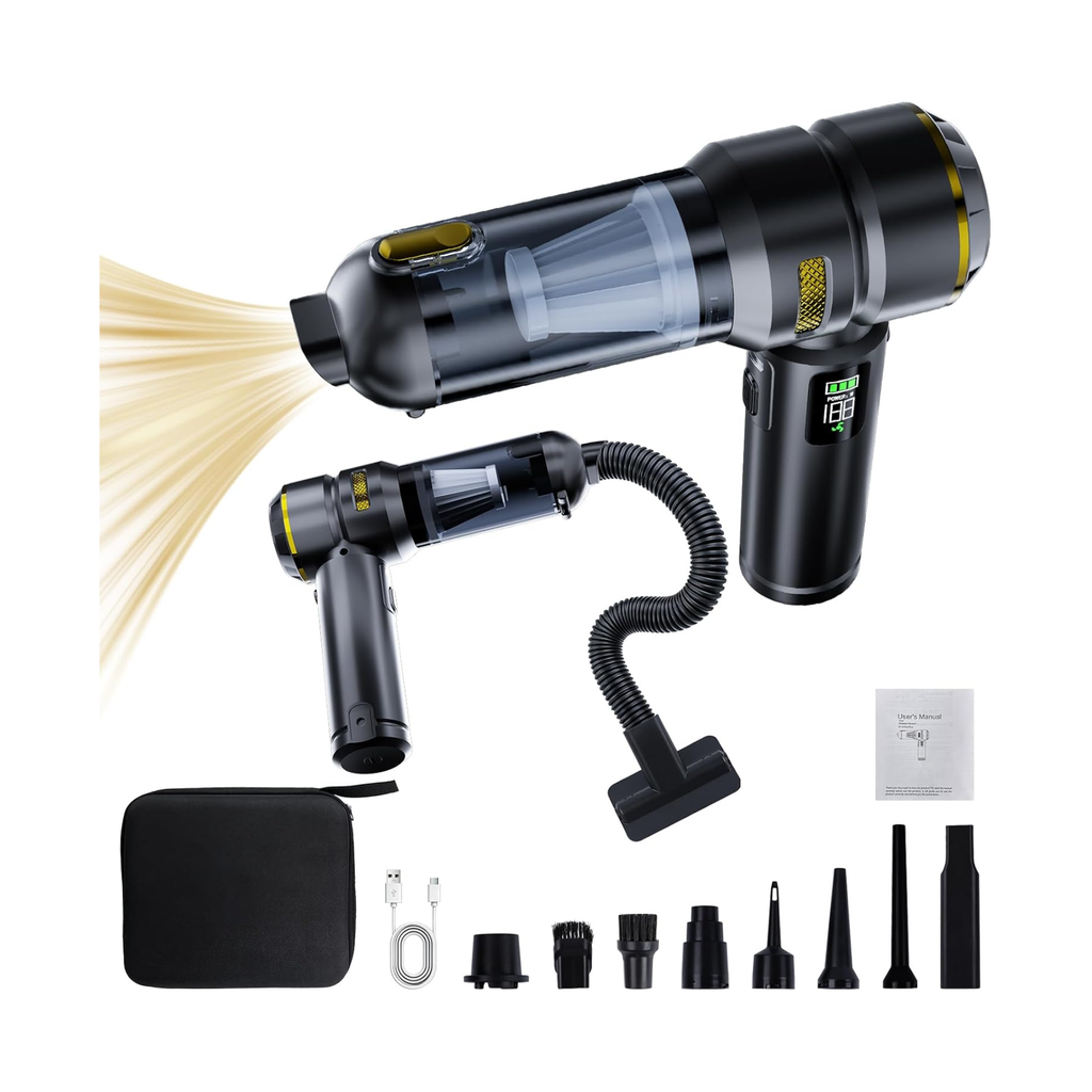 Aspirapolvere portatile senza fili per auto, 24 000 Pa, con funzione di aspirazione e soffiaggio e motore brushless, per cucina, auto, casa e peli di animali – Nero e oro