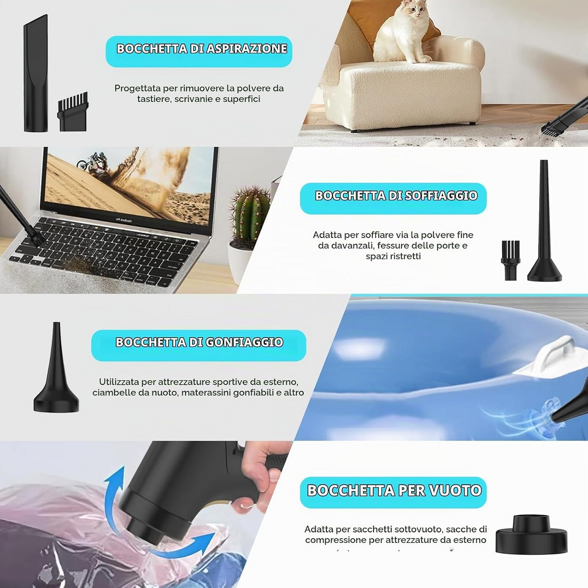 Mini aspiradora portátil inalámbrica para coche, 6500 Pa, motor de 100 W, filtro HEPA lavable y carga USB-C – Negro