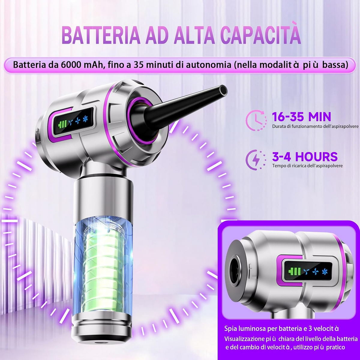 Aspirador de mão portátil sem fios, 27 000 Pa, 3 níveis de sucção, 220 000 rpm, recarregável e leve, para automóvel e cozinha