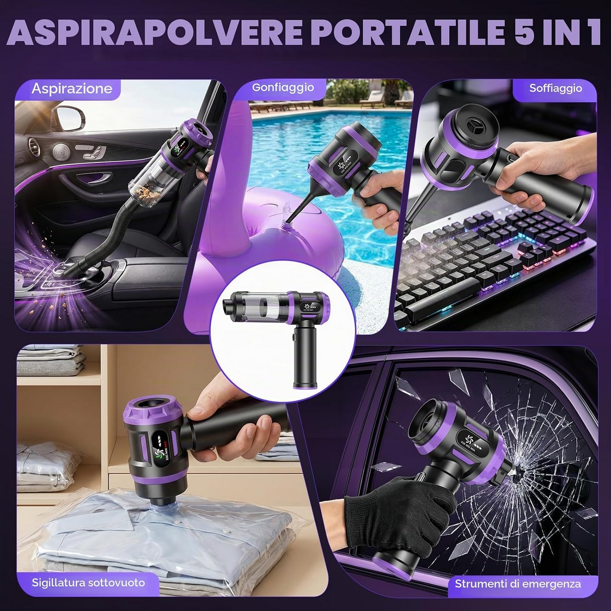 Aspiradora portátil inalámbrica 5 en 1, 27 000 Pa, motor sin escobillas de 120 W, batería recargable y 2 filtros HEPA lavables para hogar, coche, oficina y pelo de mascotas
