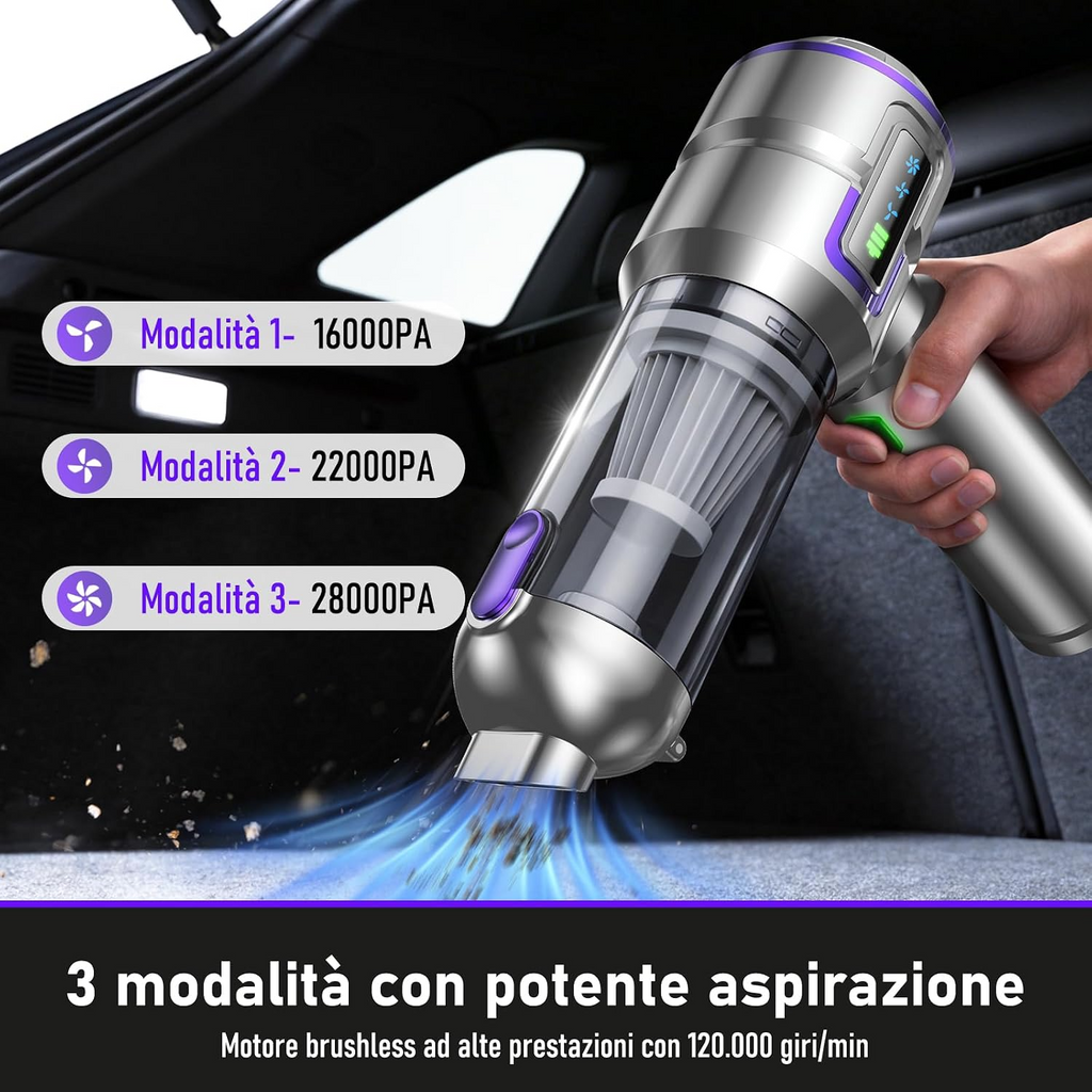 Aspirador portátil sem fios para automóvel, 28 000 Pa, 3 níveis, motor sem escovas e esvaziamento automático com um toque, para carro, casa e pelos de animais