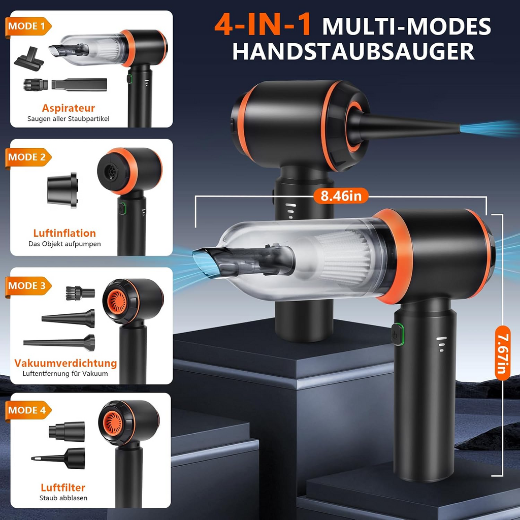 Aspirapolvere portatile senza fili 4 in 1, 25 000 Pa, 3 livelli, motore brushless, per auto, casa, ufficio e peli di animali