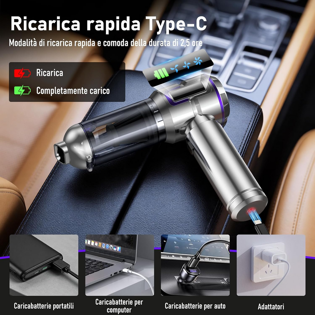 Aspirador portátil sem fios para automóvel, 28 000 Pa, 3 níveis, motor sem escovas e esvaziamento automático com um toque, para carro, casa e pelos de animais