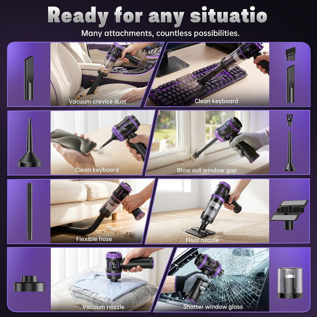 Aspiradora portátil inalámbrica 5 en 1, 27 000 Pa, motor sin escobillas de 120 W, batería recargable y 2 filtros HEPA lavables para hogar, coche, oficina y pelo de mascotas