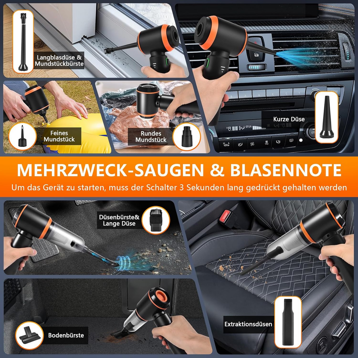 Aspirapolvere portatile senza fili 4 in 1, 25 000 Pa, 3 livelli, motore brushless, per auto, casa, ufficio e peli di animali