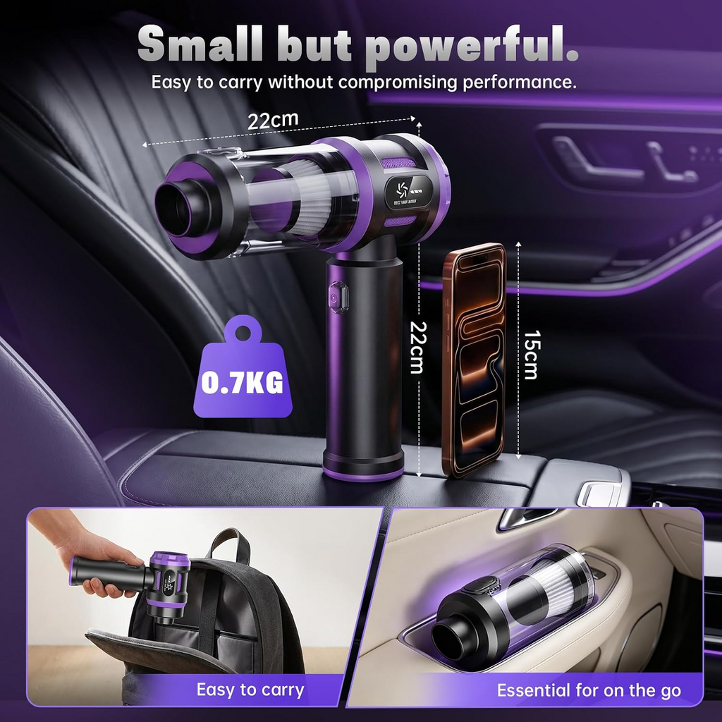 Aspiradora portátil inalámbrica 5 en 1, 27 000 Pa, motor sin escobillas de 120 W, batería recargable y 2 filtros HEPA lavables para hogar, coche, oficina y pelo de mascotas