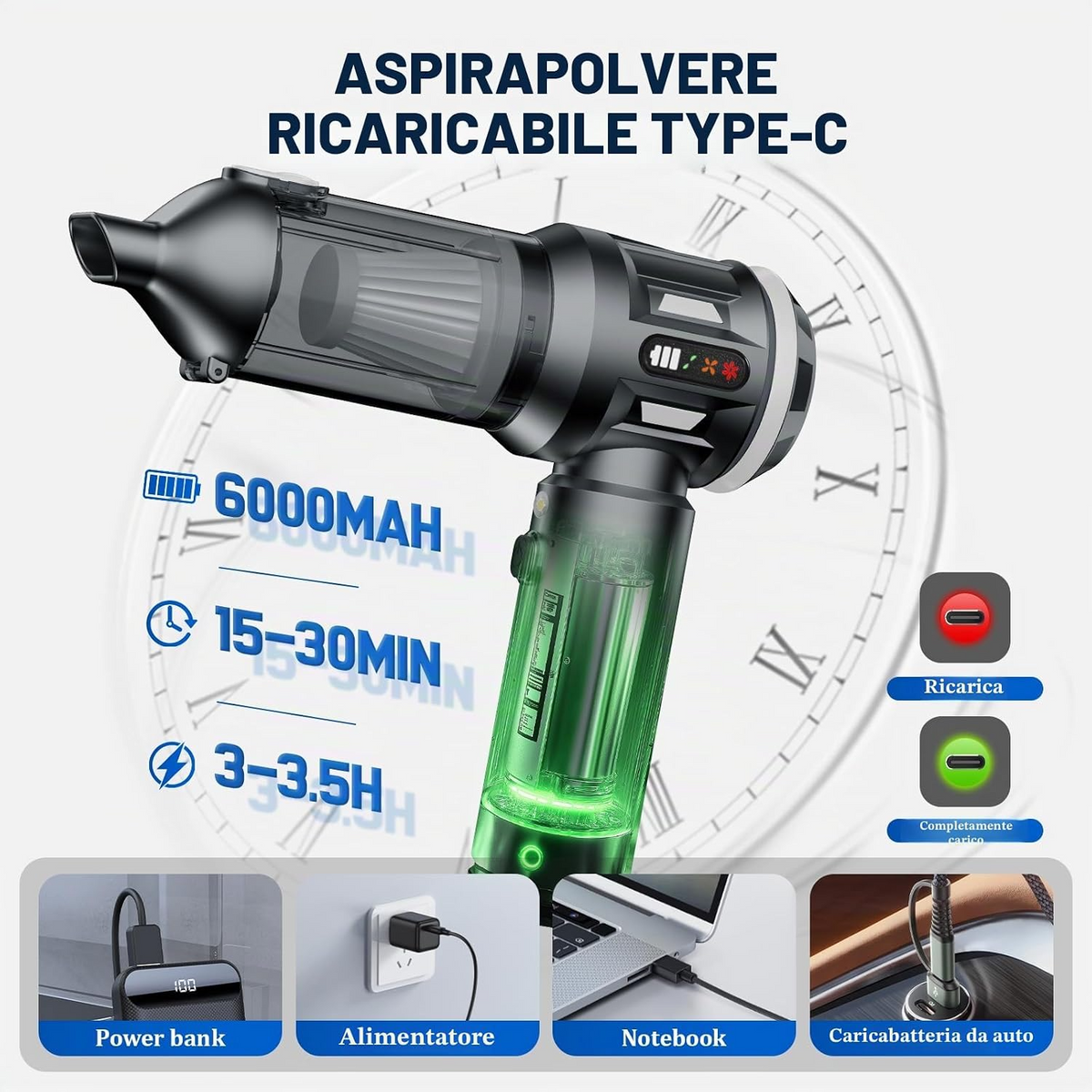 Aspirador portátil sem fios 4 em 1, 22 000 Pa, 3 níveis de sucção, motor sem escovas, USB-C, para automóvel, casa, escritório e pelos de animais – Cinzento