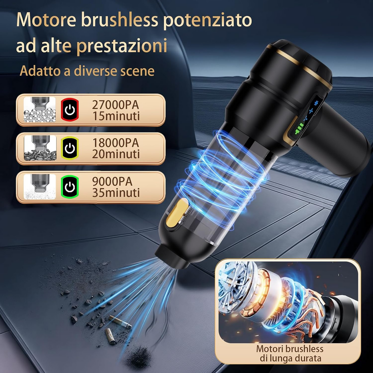 Aspiradora de mano portátil inalámbrica para automóvil, 27 000 Pa, 3 niveles de succión, con estuche rígido y manguera extensible