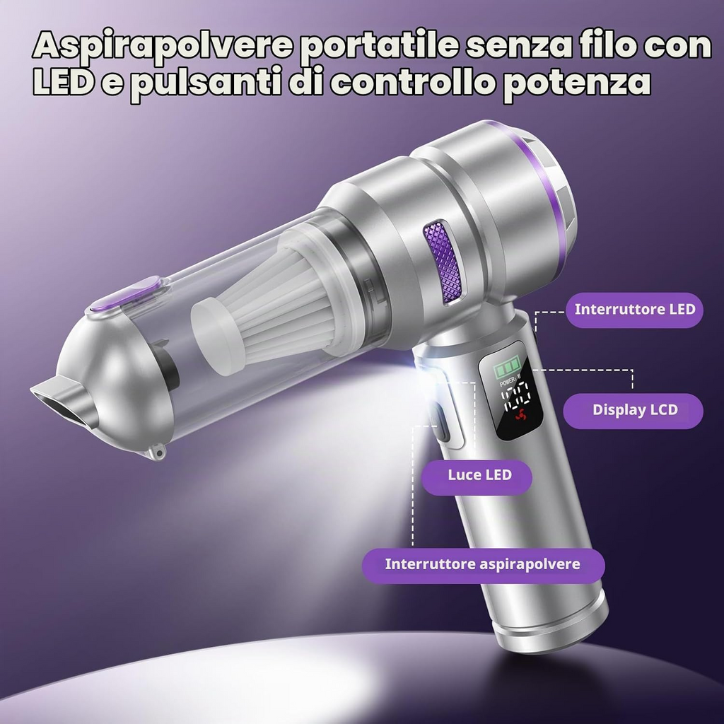 Aspirapolvere portatile senza fili 4 in 1 per auto, 28.000 Pa, 100 W, 3 livelli di potenza, display LCD e batteria da 6000 mAh
