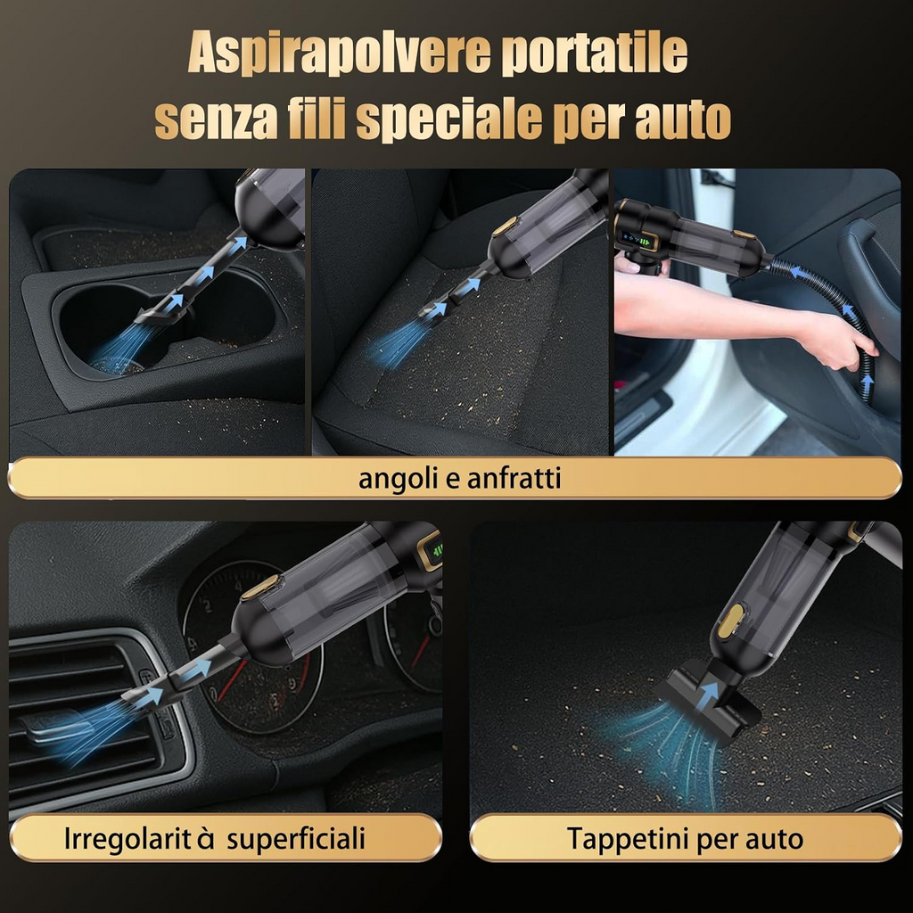 Aspiradora de mano portátil inalámbrica para automóvil, 27 000 Pa, 3 niveles de succión, con estuche rígido y manguera extensible