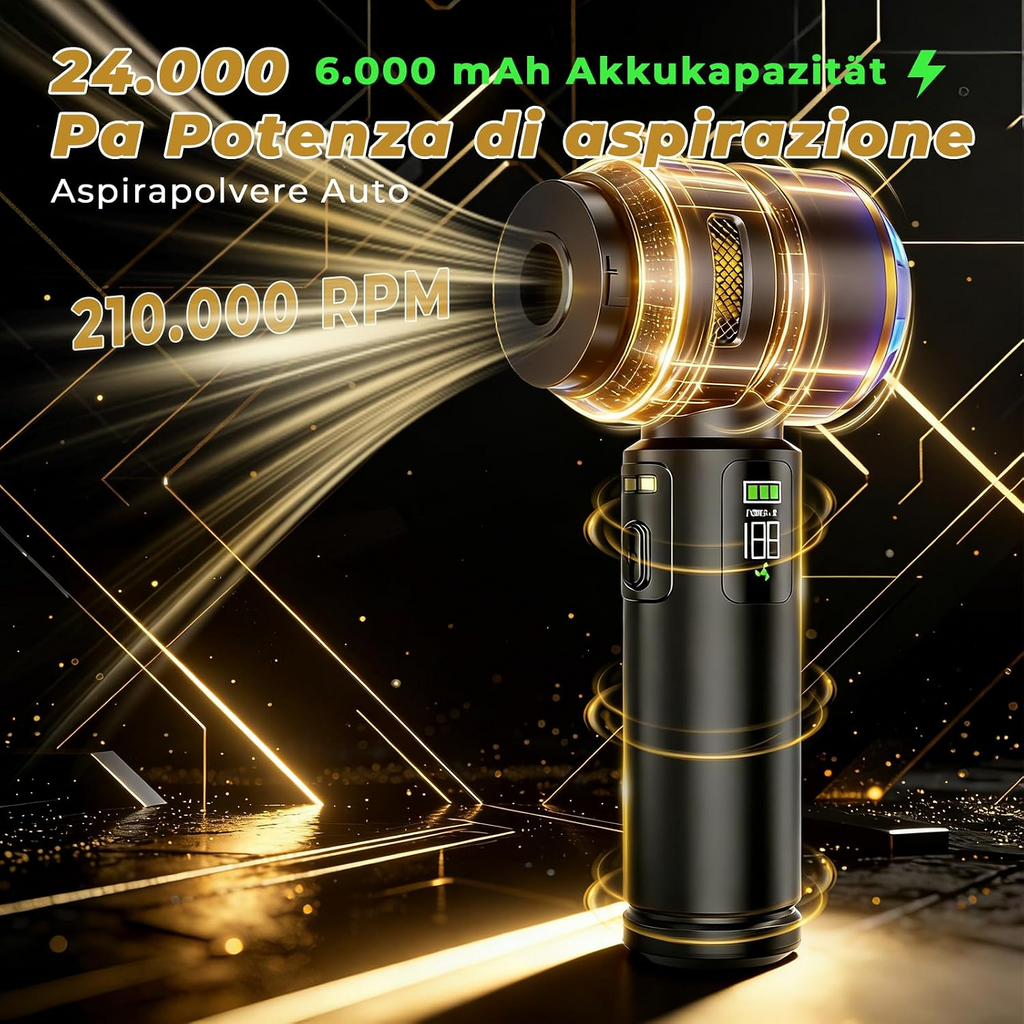 Aspirapolvere portatile senza fili per auto, 24 000 Pa, con funzione di aspirazione e soffiaggio e motore brushless, per cucina, auto, casa e peli di animali – Nero e oro