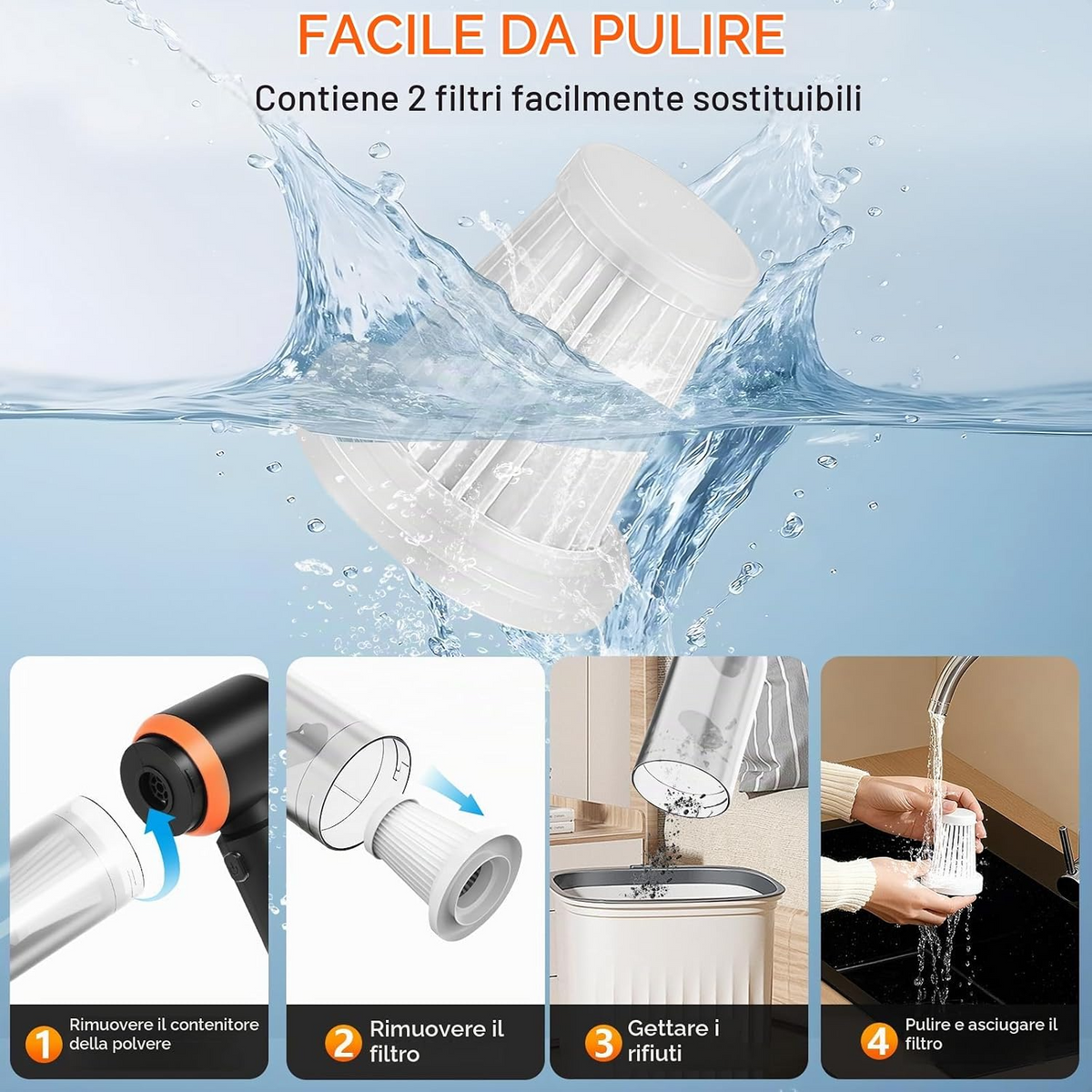 Aspirapolvere portatile senza fili 4 in 1, 25 000 Pa, 3 livelli, motore brushless, per auto, casa, ufficio e peli di animali