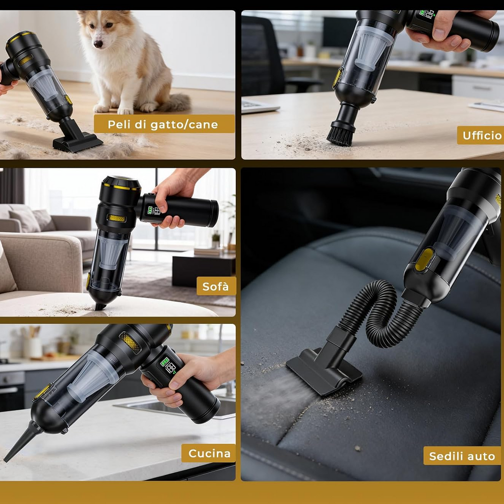Aspirapolvere portatile senza fili per auto, 24 000 Pa, con funzione di aspirazione e soffiaggio e motore brushless, per cucina, auto, casa e peli di animali – Nero e oro