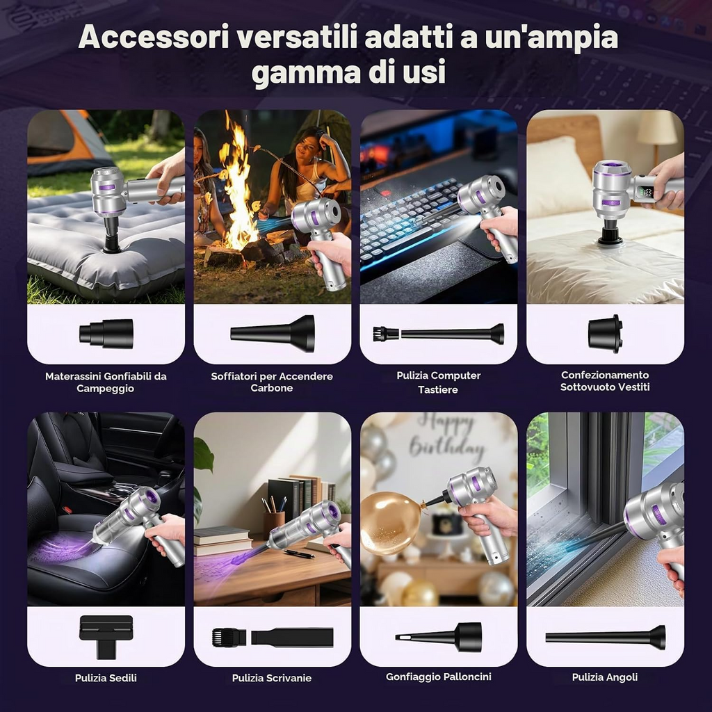 Aspirapolvere portatile senza fili 4 in 1 per auto, 28.000 Pa, 100 W, 3 livelli di potenza, display LCD e batteria da 6000 mAh