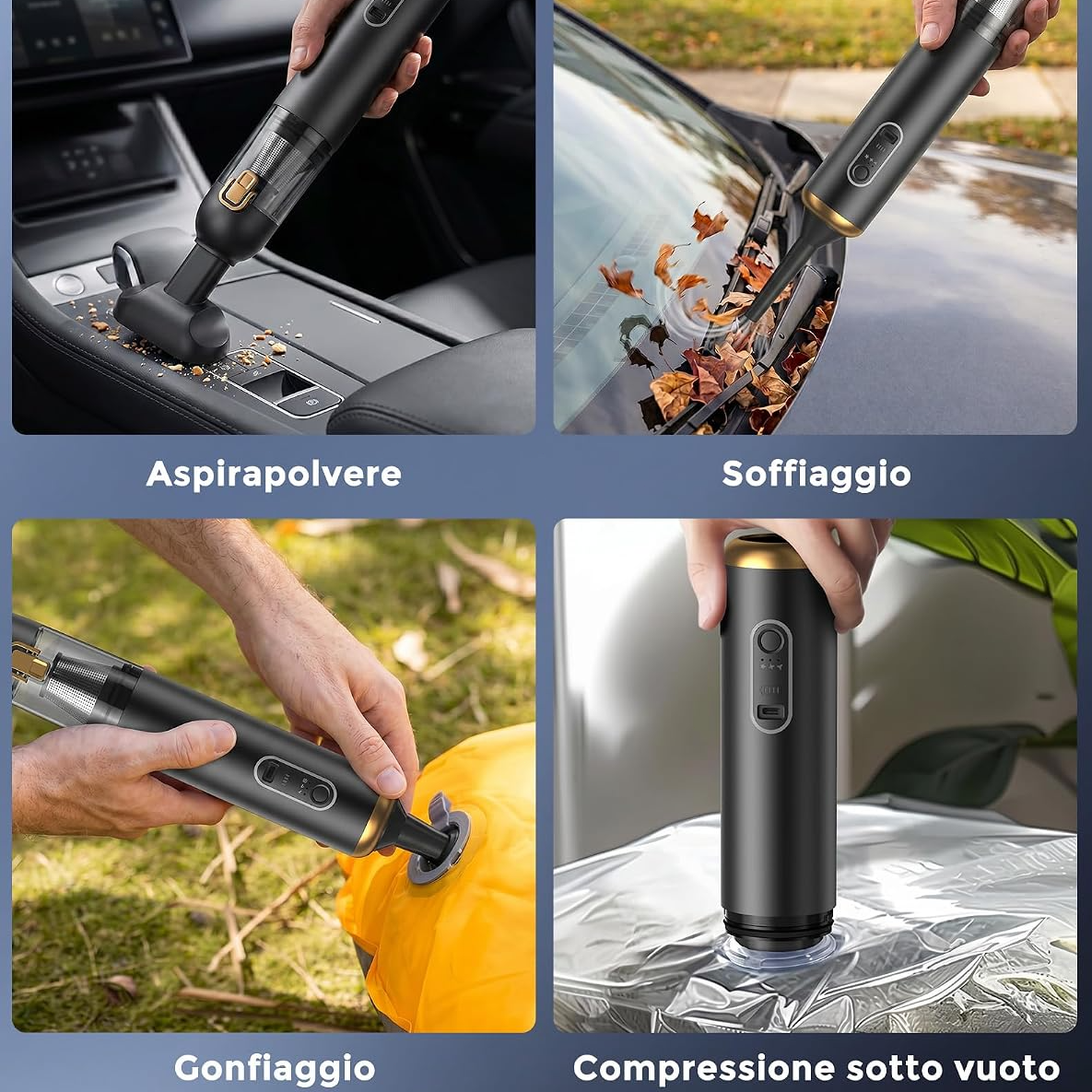 Aspirapolvere portatile senza fili 4 in 1, 20.000 Pa, 3 livelli di potenza, ricarica rapida USB-C – Dorato