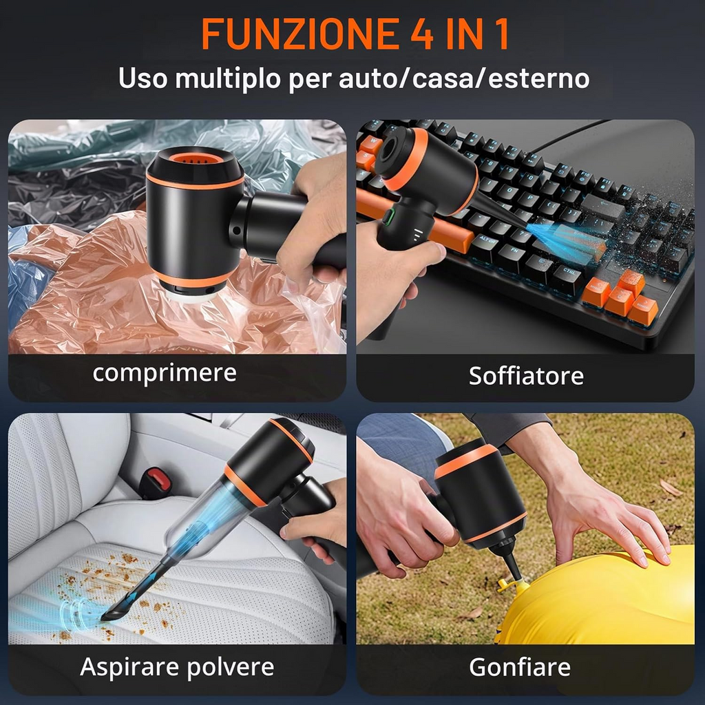 Aspirapolvere portatile senza fili 4 in 1, 25 000 Pa, 3 livelli, motore brushless, per auto, casa, ufficio e peli di animali