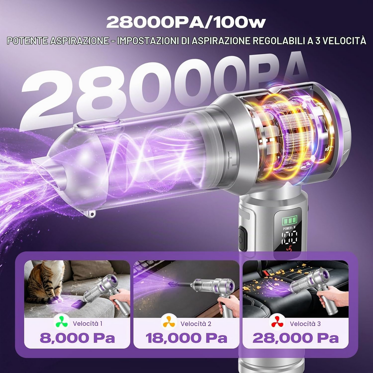 Aspirapolvere portatile senza fili 4 in 1 per auto, 28.000 Pa, 100 W, 3 livelli di potenza, display LCD e batteria da 6000 mAh