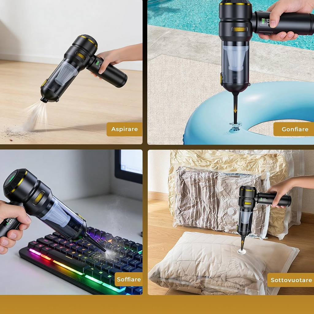 Aspirapolvere portatile senza fili per auto, 24 000 Pa, con funzione di aspirazione e soffiaggio e motore brushless, per cucina, auto, casa e peli di animali – Nero e oro