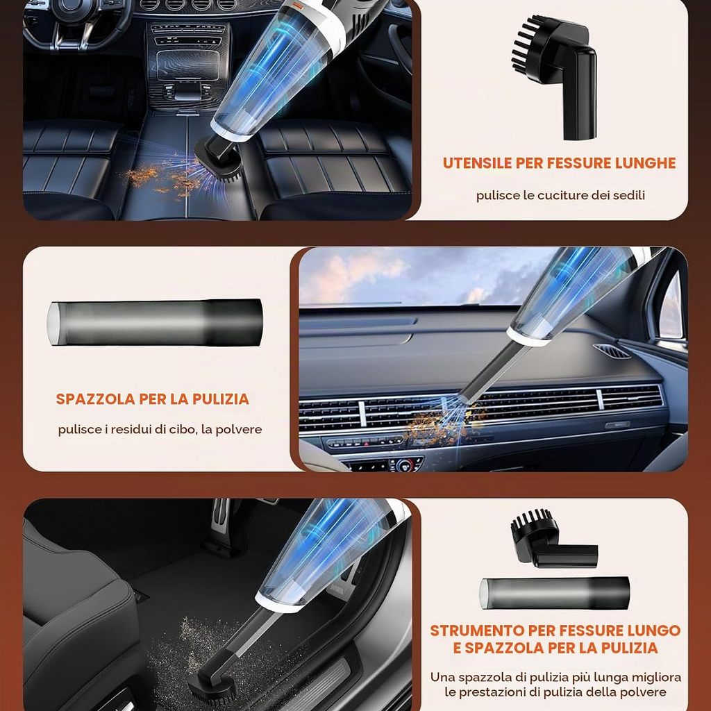 Aspiradora portátil inalámbrica 4 en 1 para coche, 12 kPa, motor sin escobillas de 45 000 rpm, 2 modos, batería de 6000 mAh y luz LED, para pelo, hogar, oficina y cocina