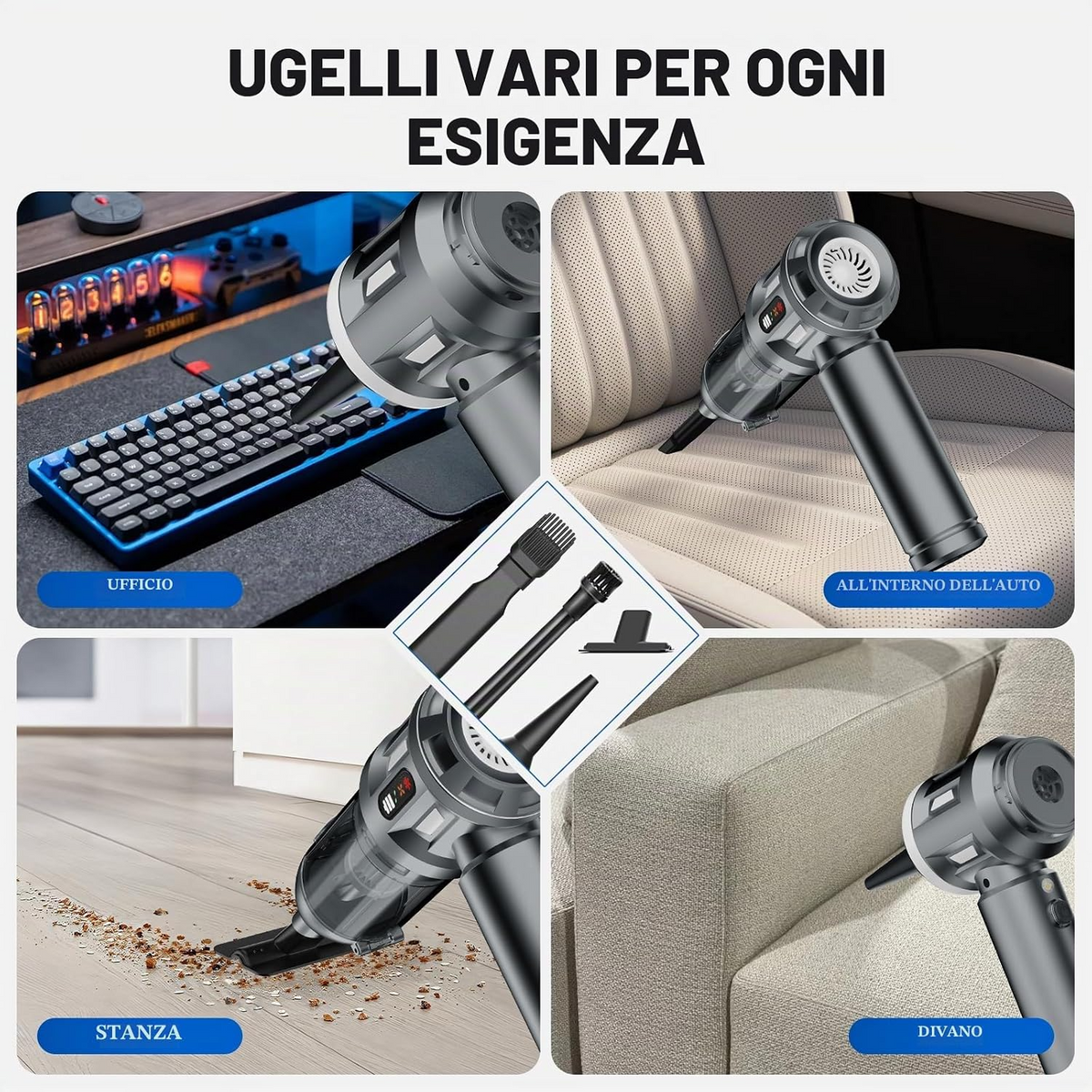 Aspirador portátil sem fios 4 em 1, 22 000 Pa, 3 níveis de sucção, motor sem escovas, USB-C, para automóvel, casa, escritório e pelos de animais – Cinzento