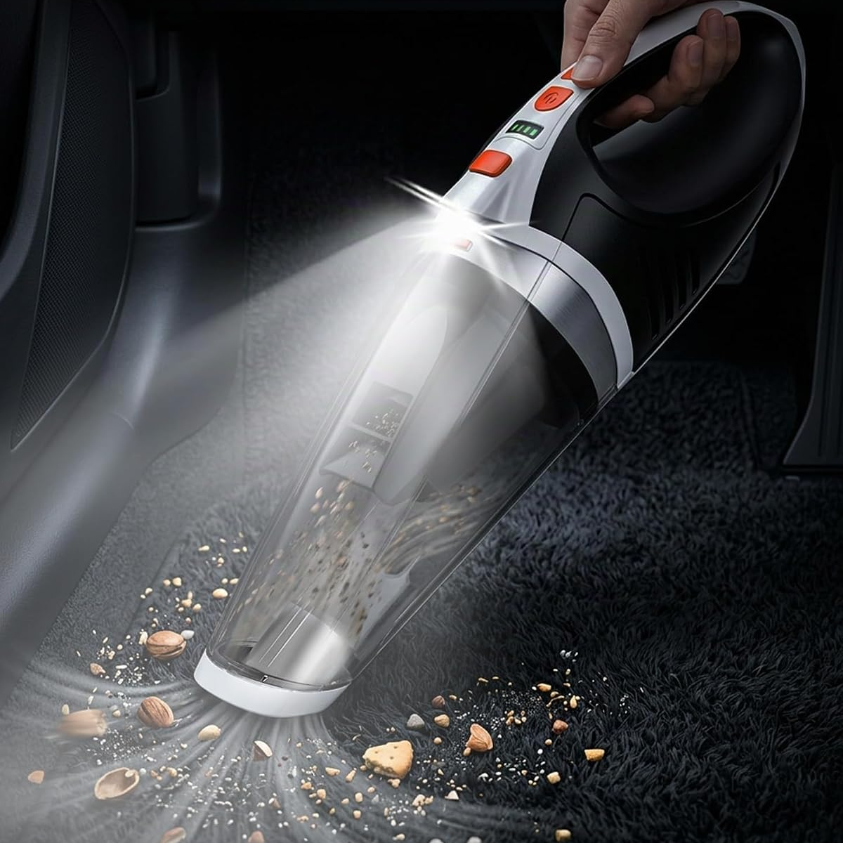 Aspiradora portátil inalámbrica 4 en 1 para coche, 12 kPa, motor sin escobillas de 45 000 rpm, 2 modos, batería de 6000 mAh y luz LED, para pelo, hogar, oficina y cocina
