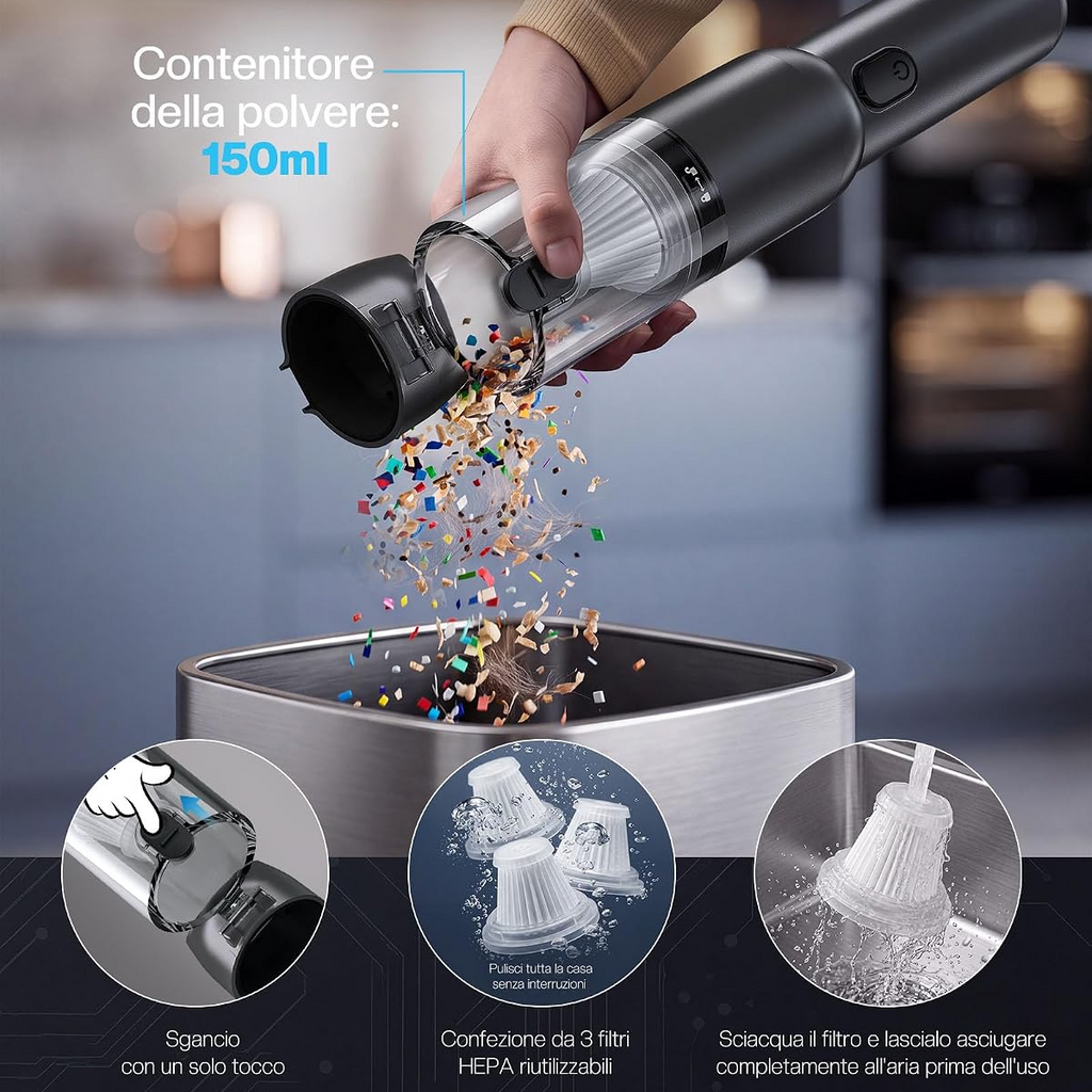 Aspiradora portátil inalámbrica para automóvil, 20 kPa, 4 en 1, motor sin escobillas, luz LED y carga USB-C, para coche, sofá, PC, hogar y oficina