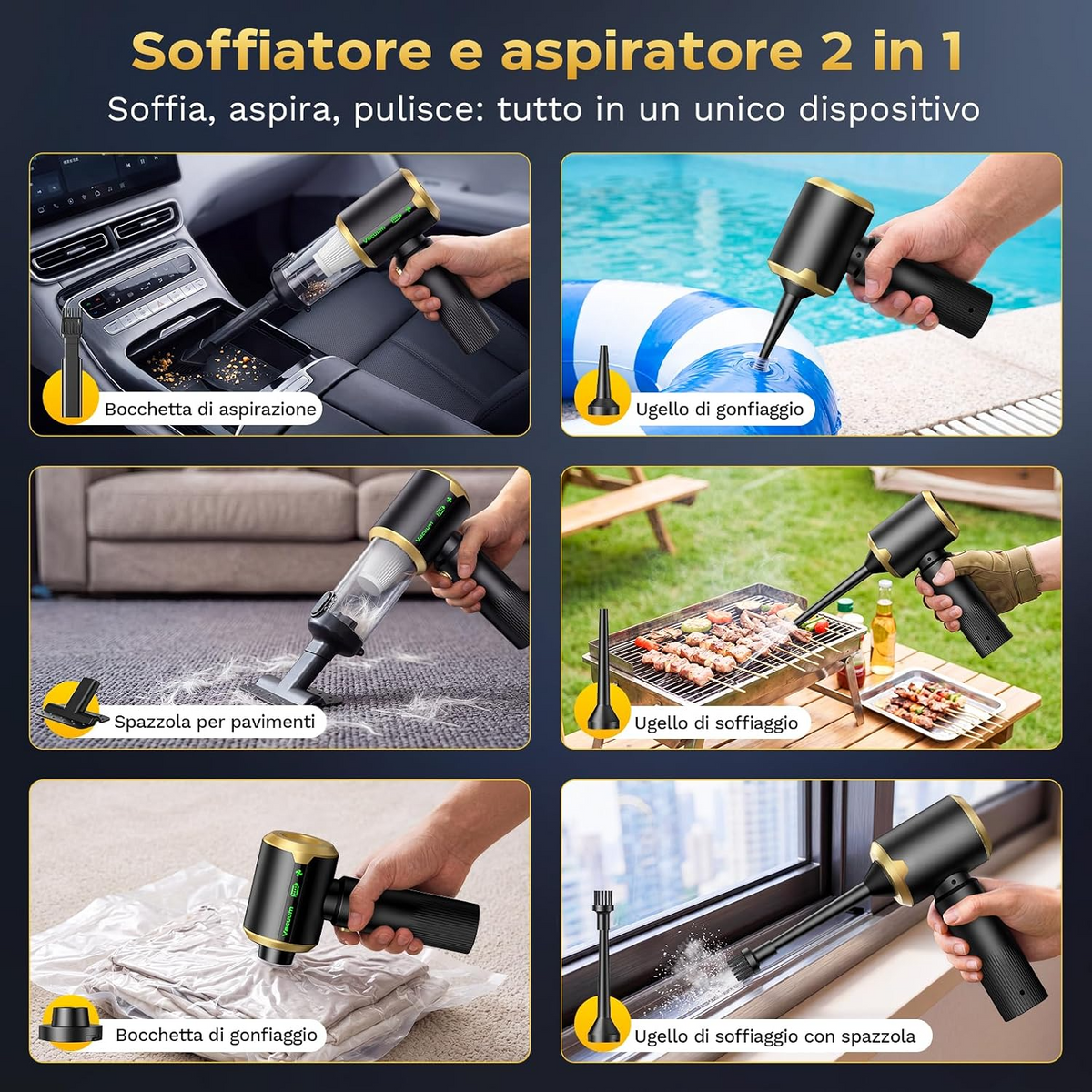 Aspirapolvere portatile senza fili 4 in 1, 25 000 Pa, 3 livelli, display LED e batteria da 6000 mAh per auto, casa e ufficio