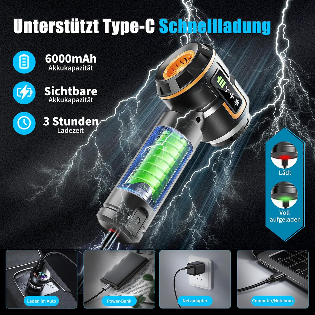 Aspirapolvere portatile senza fili per auto, 23.000 Pa, 3 livelli, batteria da 6000 mAh, con funzione di gonfiaggio elettrico, soffiatore e pompa a vuoto