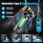 Aspirapolvere portatile senza fili per auto, 23.000 Pa, 3 livelli, batteria da 6000 mAh, con funzione di gonfiaggio elettrico, soffiatore e pompa a vuoto