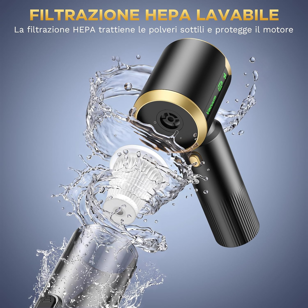 Aspirapolvere portatile senza fili 4 in 1, 25 000 Pa, 3 livelli, display LED e batteria da 6000 mAh per auto, casa e ufficio