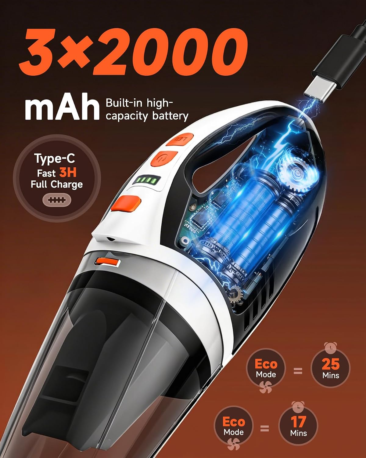 Aspiradora portátil inalámbrica 4 en 1 para coche, 12 kPa, motor sin escobillas de 45 000 rpm, 2 modos, batería de 6000 mAh y luz LED, para pelo, hogar, oficina y cocina