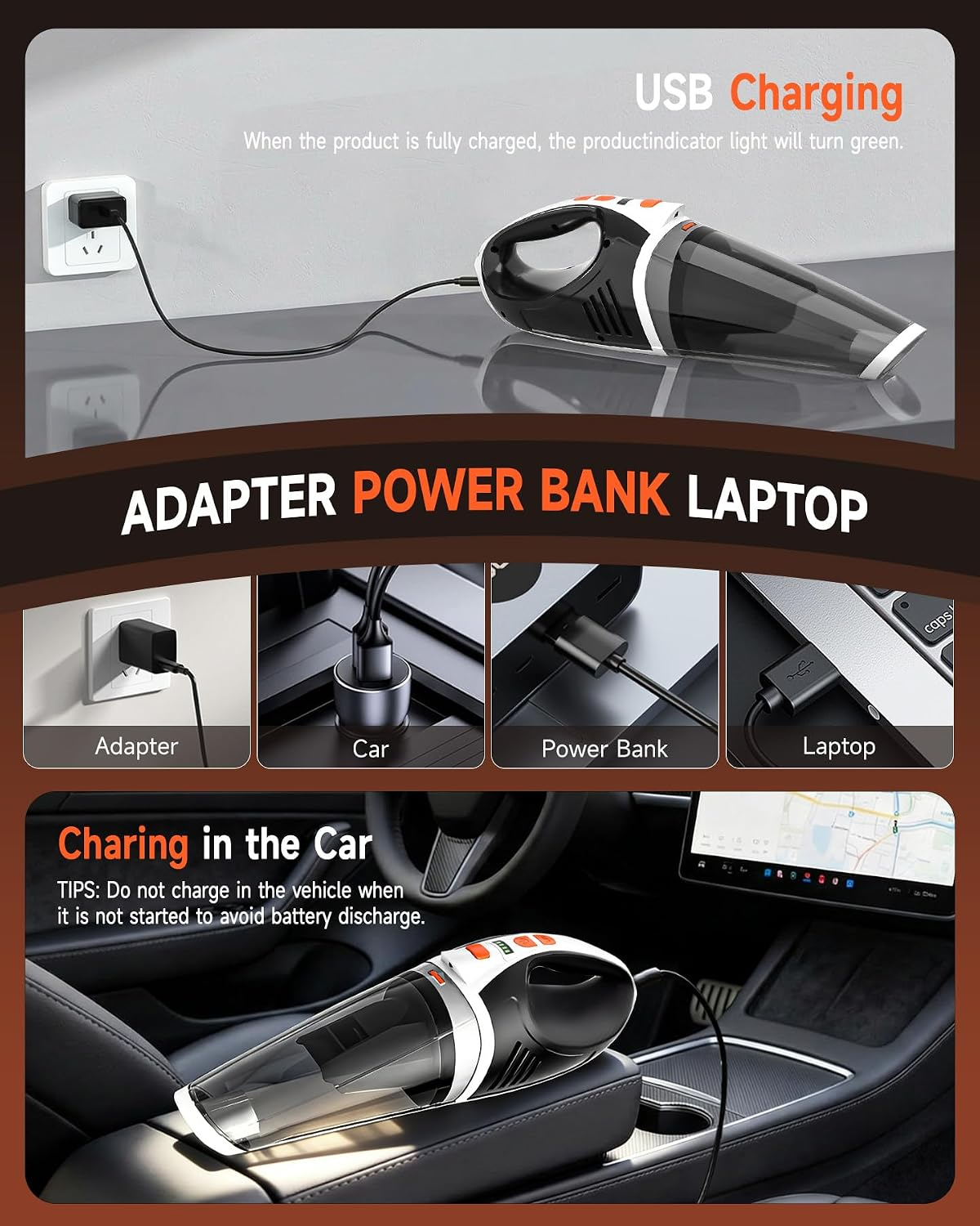 Aspiradora portátil inalámbrica 4 en 1 para coche, 12 kPa, motor sin escobillas de 45 000 rpm, 2 modos, batería de 6000 mAh y luz LED, para pelo, hogar, oficina y cocina