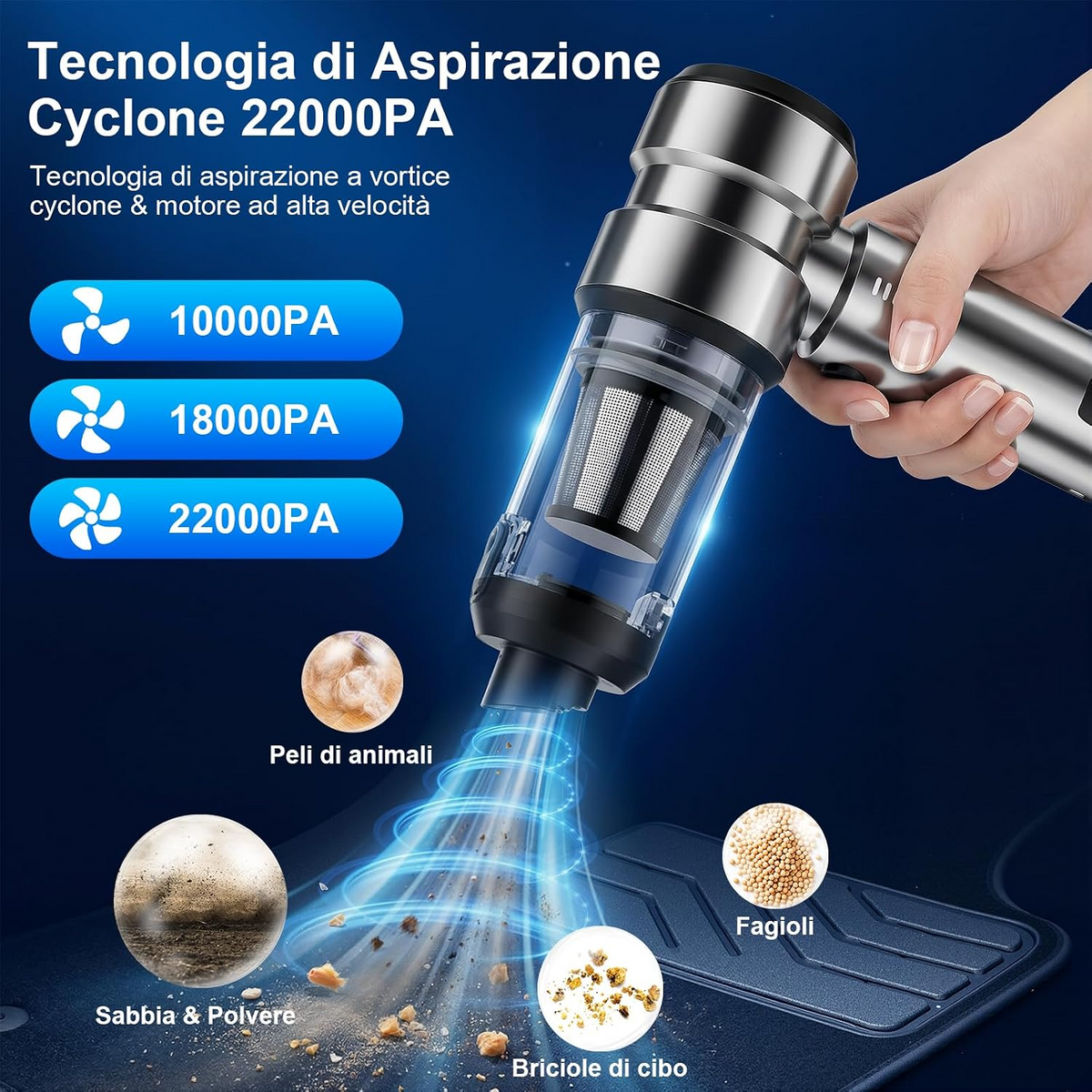 Aspirapolvere portatile senza fili per auto, 22.000 Pa, ricaricabile via USB, mini aspirapolvere per casa, auto e ufficio