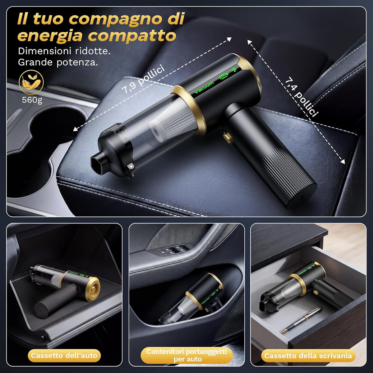 Aspirapolvere portatile senza fili 4 in 1, 25 000 Pa, 3 livelli, display LED e batteria da 6000 mAh per auto, casa e ufficio
