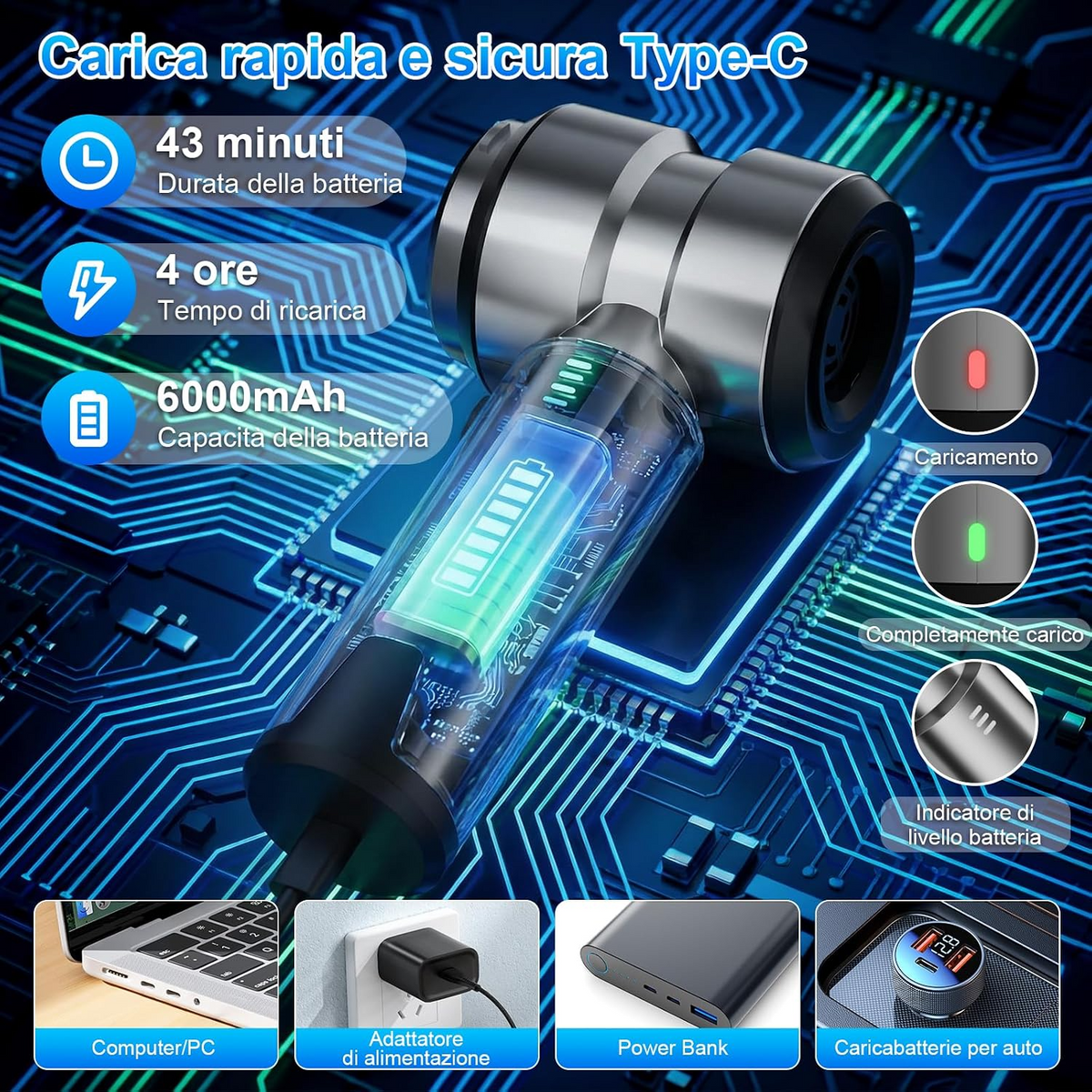 Aspirapolvere portatile senza fili per auto, 22.000 Pa, ricaricabile via USB, mini aspirapolvere per casa, auto e ufficio