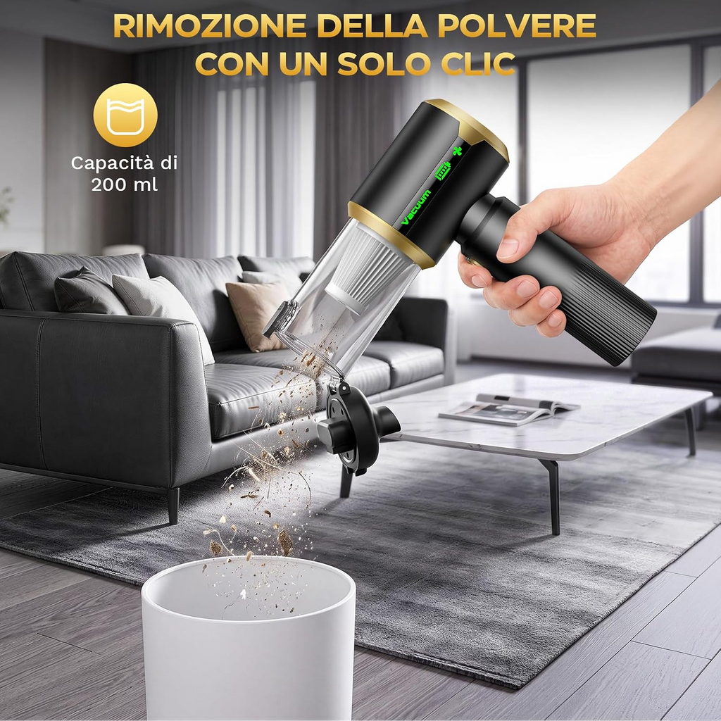 Aspirapolvere portatile senza fili 4 in 1, 25 000 Pa, 3 livelli, display LED e batteria da 6000 mAh per auto, casa e ufficio